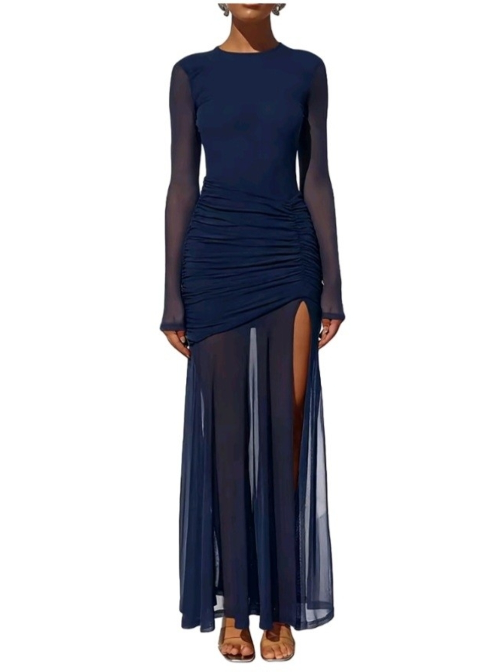 Long Sleeve Navy Sheer Maxi Dress with Side Slit